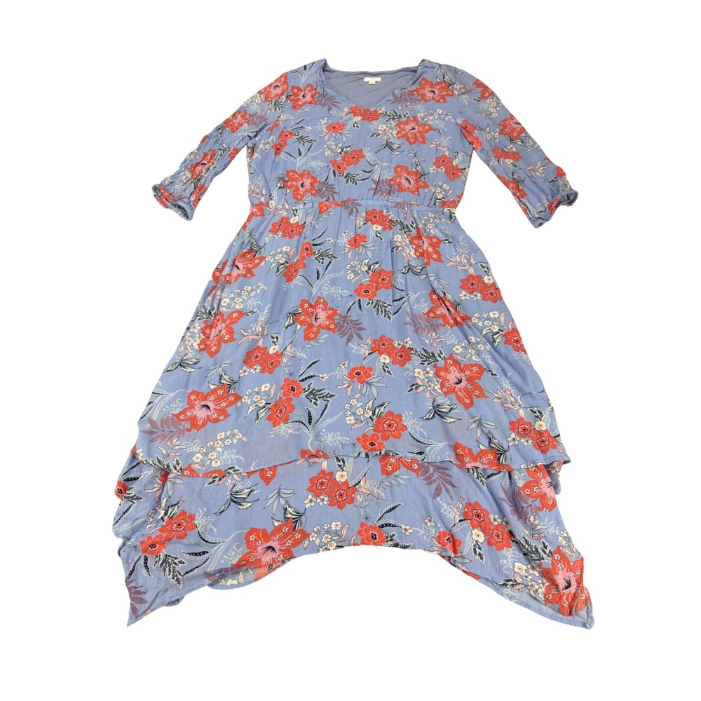 J.Jill Floral Handkerchief Hem Midi Dress Blue Red Rayon V-Neck Pockets L